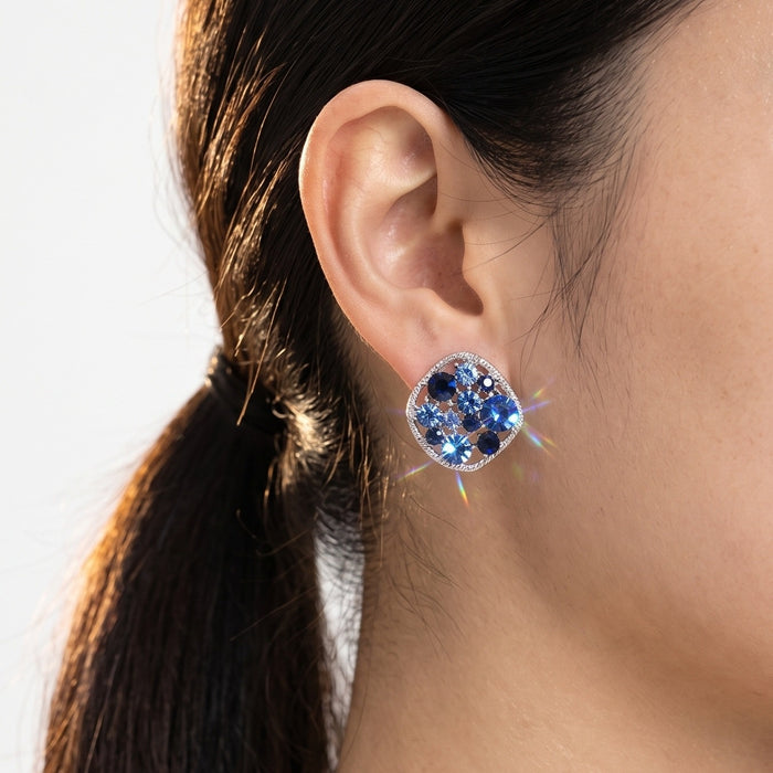 Luxury Elegant Hollow Square Blue Crystal Zircon Rhinestone Silver Needle Statement Stud Earrings