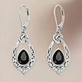 Leaf Drop Earrings For Women, Hollow Black Stone Dangle Earrings With Dark Heart Design view 2