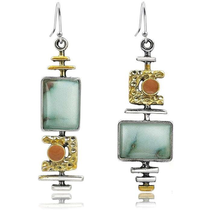 Vintage Two Tone Faux Turquoise Sticker Drop Earrings, Irregular Chinese Style Artistic Jewelry