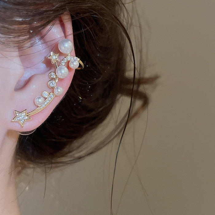 Light Luxury Star Zircon Faux Pearl Clip-on Earrings With Silver Needle Detail