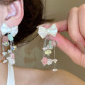 Sweet Bow Crystal Tassel Pearl Stud Drop Earrings Cute Princess Style Light Luxury Jewelry view 1