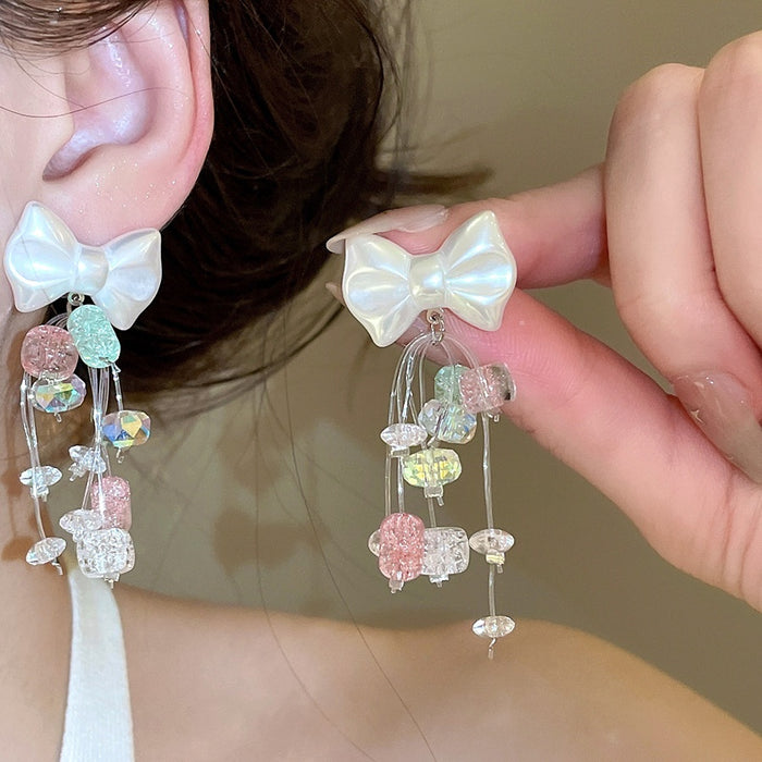 Sweet Bow Crystal Tassel Pearl Stud Drop Earrings Cute Princess Style Light Luxury Jewelry