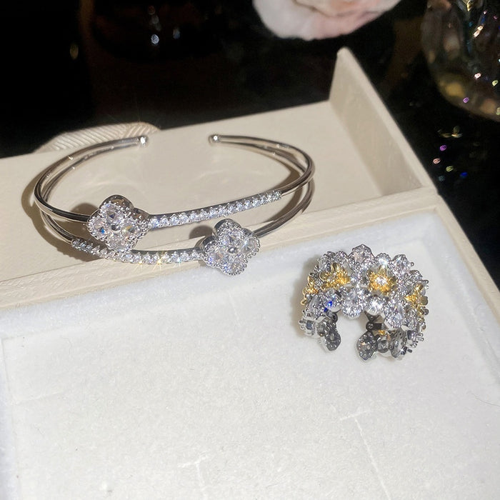 18K Gold Plated Copper Zircon Flower Butterfly Bracelet Ring Jewelry Set For Women