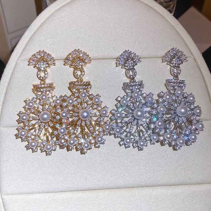 French Vintage Silver Post Zircon Snowflake Faux Pearl Stud Earrings Elegant Luxury Jewelry