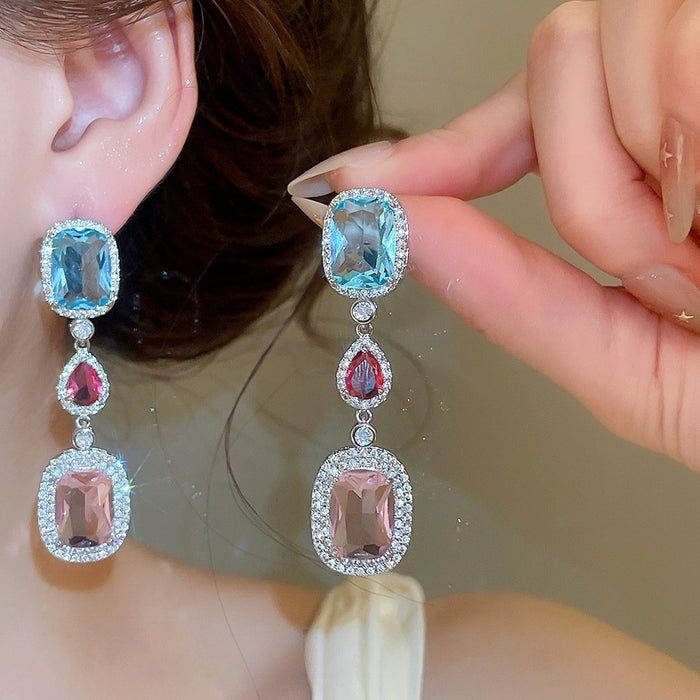 Light Luxury Copper Oval Waterdrop Zircon Stud Earrings With Silver Pins For Evening Dress