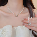 18K Gold Plated Zircon Bow Pendant Imitation Pearl Necklace Sweet Princess Style Collarbone Chain view 1