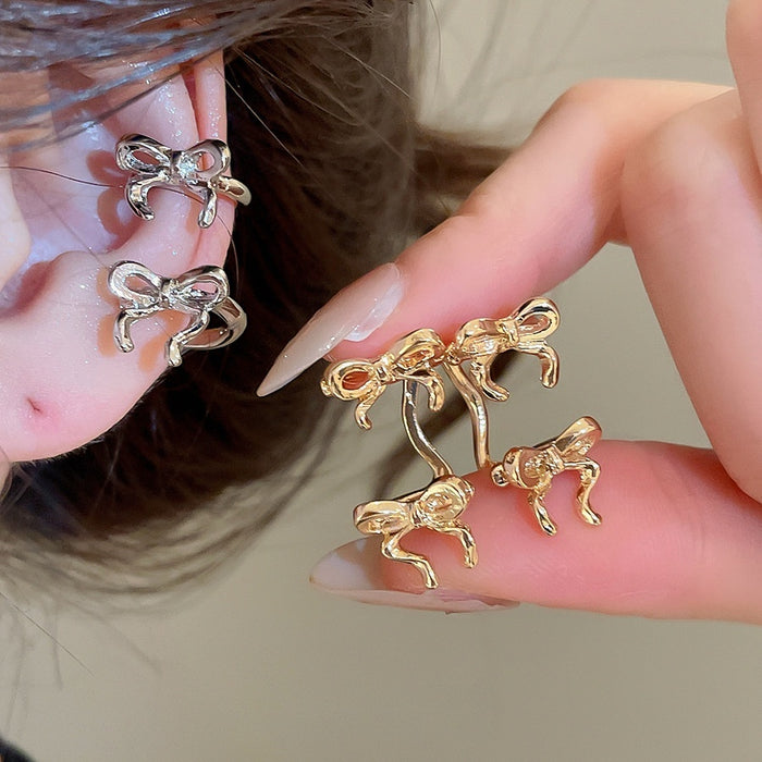 Light Luxury Alloy Bow Double Layer No Piercing Cartilage Clip-on Earrings For Women