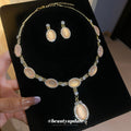 Alloy Oval Cat Eye Stone Rhinestone Pendant Necklace And Stud Earrings Jewelry Set Court Style view 3