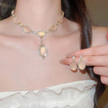 Alloy Oval Cat Eye Stone Rhinestone Pendant Necklace And Stud Earrings Jewelry Set Court Style view 2