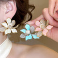 18K Gold Plated Acetate Flower Pearl Zircon Stud Earrings With Silver Pins For Women view 2