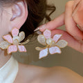 18K Gold Plated Acetate Flower Pearl Zircon Stud Earrings With Silver Pins For Women view 4