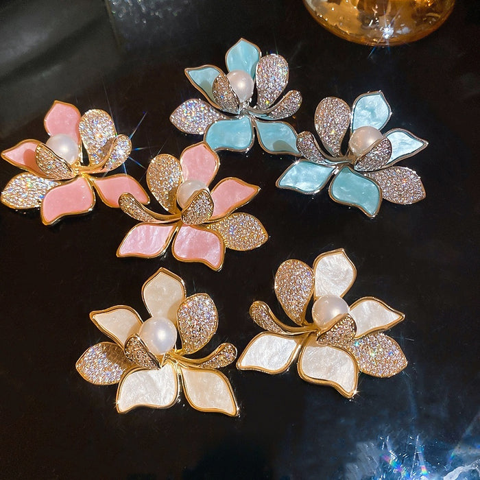 18K Gold Plated Acetate Flower Pearl Zircon Stud Earrings With Silver Pins For Women