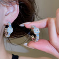 Light Luxury Copper Zircon Square Jewelry Set With C-Shaped Open Ring And Stud Earrings view 3