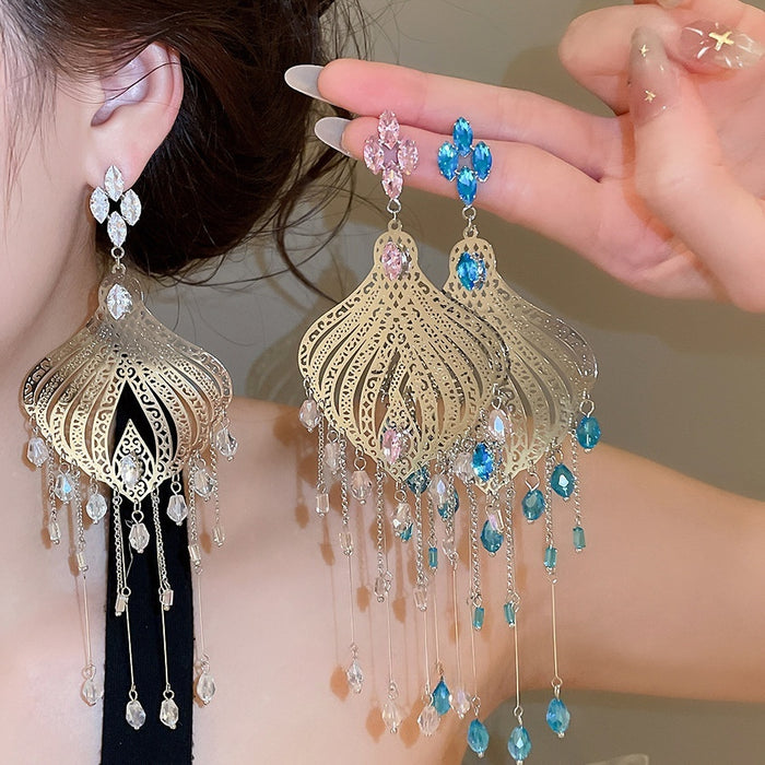 Copper Hollow Fan Crystal Tassel Drop Earrings Bohemian Ethnic Water Drop Ear Jewelry