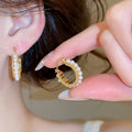 French Chic Round Beaded Faux Pearl Zircon Ear Cuff Earrings, Elegant Luxe Geometric Full Rhinestone Style view 3