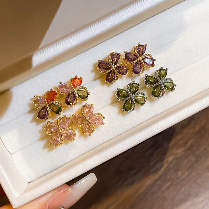 18K Gold Plated Copper Zircon Flower Stud Earrings With Silver Posts For Women