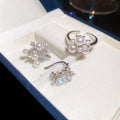Korean Copper Rhinestone Flower Pearl Ear Clip Ring Jewelry Set, Minimalist Teardrop Light Luxury view 2