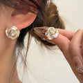 Elegant Pearl Enamel Camellia Flower Studs With Rhinestone Zircon Center French Luxury Earrings view 1