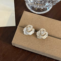 Elegant Pearl Enamel Camellia Flower Studs With Rhinestone Zircon Center French Luxury Earrings view 4