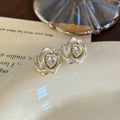 Elegant Pearl Enamel Camellia Flower Studs With Rhinestone Zircon Center French Luxury Earrings view 2