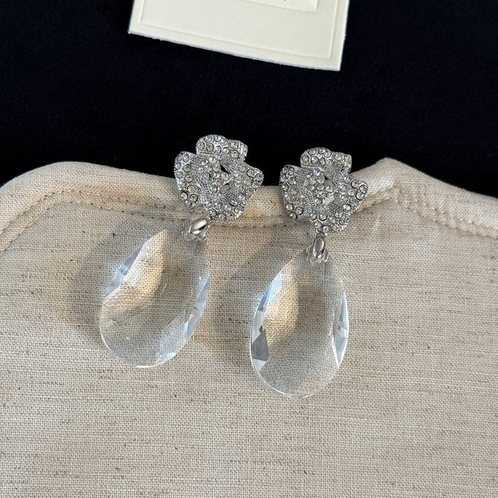 Luxury Rhinestone Flower Studs With Clear Teardrop Crystal Pendants Elegant Evening Women's Earrings
