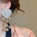 Alloy Rhinestone Heart Tassel Drop Earrings With Silver Pins European Minimalist Chic Style view 3