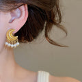 Copper Moon Pearl Tassel Drop Earrings With Silver Pins, Luxe Geometric Statement Jewelry view 4