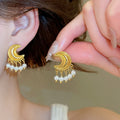 Copper Moon Pearl Tassel Drop Earrings With Silver Pins, Luxe Geometric Statement Jewelry view 2