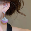 Light Luxury Copper Zircon Fan Pendant Drop Earrings With Silver Posts For Women view 4