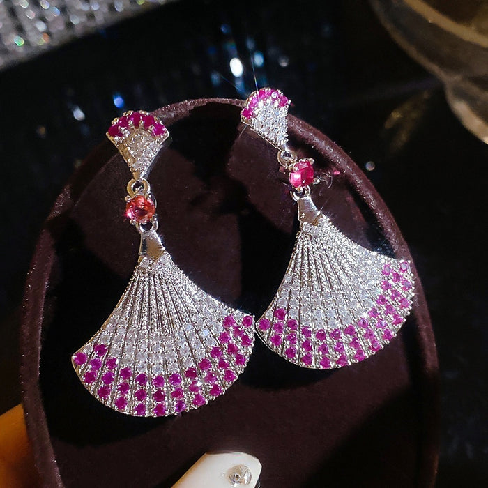 Light Luxury Copper Zircon Fan Pendant Drop Earrings With Silver Posts For Women