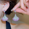 Light Luxury Copper Zircon Fan Pendant Drop Earrings With Silver Posts For Women view 2