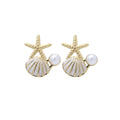 Luxury Vacation Shell Pearl Metal Starfish Stud Earrings view 5