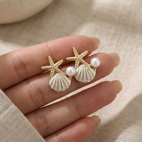Luxury Vacation Shell Pearl Metal Starfish Stud Earrings