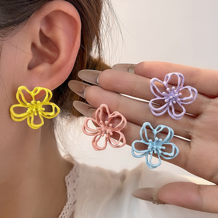 Colorful Enamel Hollow Flower Stud Earrings For Women Sweet Cute Vacation Fashion Alloy Earrings