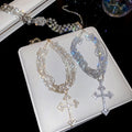 Old Money Alloy Rhinestone Cross Flower Necklace For Women, Geometric Statement Collarbone Choker view 4