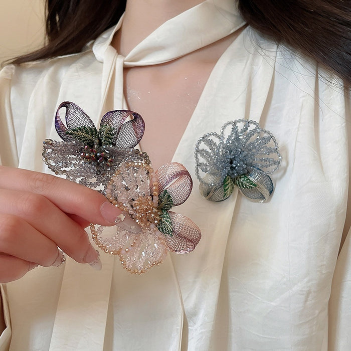 Vintage Crystal Beaded Copper Wire Embroidered Cloth Flower Brooch For Elegant Fashion Apparel