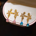 18K Gold Plated Copper Zircon Flower Waterdrop Stud Earrings For Women Light Luxury Elegant Jewelry view 2