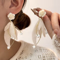 French Elegant Vintage Acrylic Rose Flower Tassel Alloy Inlaid Stud Drop Earrings view 1
