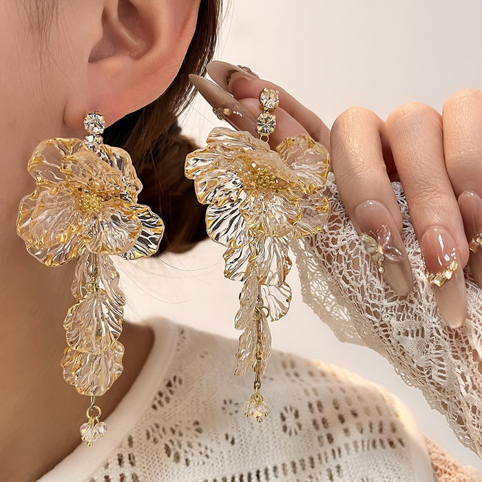 Luxury Rhinestone Stud Oversized Acrylic Flower Leaf Tassel Pendant Statement Drop Earrings