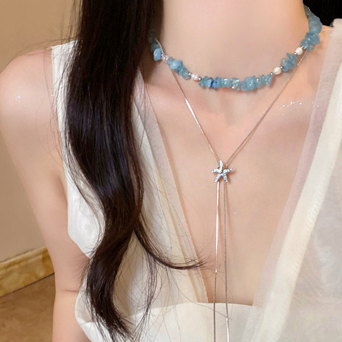 2026 Summer Blue Crushed Stone Starfish Alloy Collarbone Necklace, Light Luxury Vacation Style