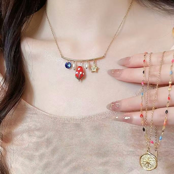 2026 Style Stainless Steel Enamel Flower Star Crystal Pendant Faux Pearl Choker Necklace For Women