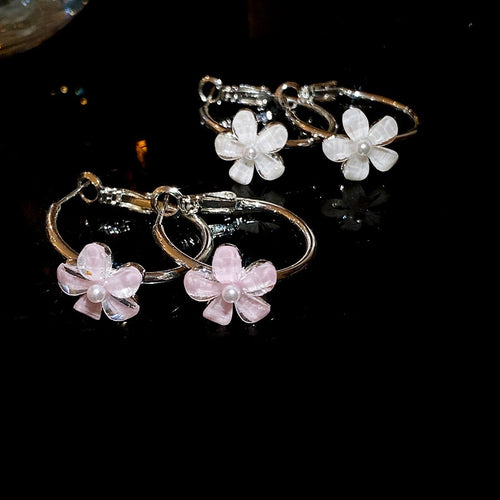 Korean Sweet Resin Flower Hoop Earrings With Silver Pins, Floral Round Fresh Elegant Style