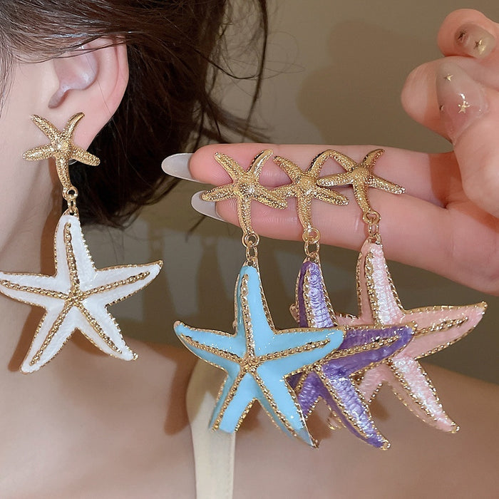 Iron Enamel Starfish Drop Earrings With Silver Pins, Summer Island Vacation Style