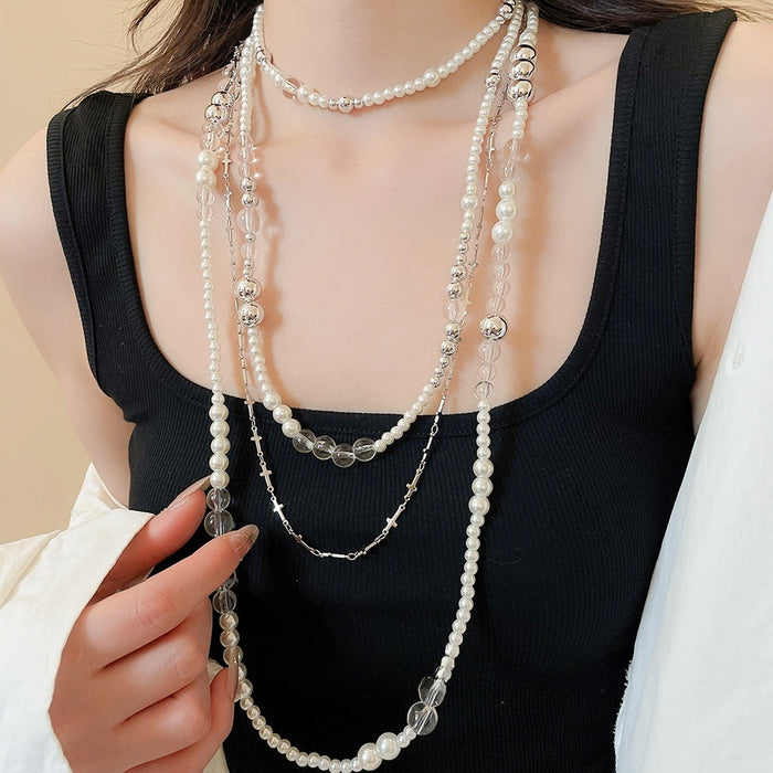 Sweet Cool Multilayer Faux Pearl Cross Sweater Necklace For Women Geometric Clavicle Chain