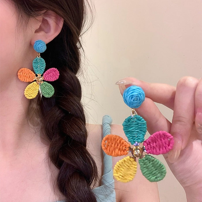 Bohemian Resort Style Raffia Flower Starfish Stud Earrings For Women