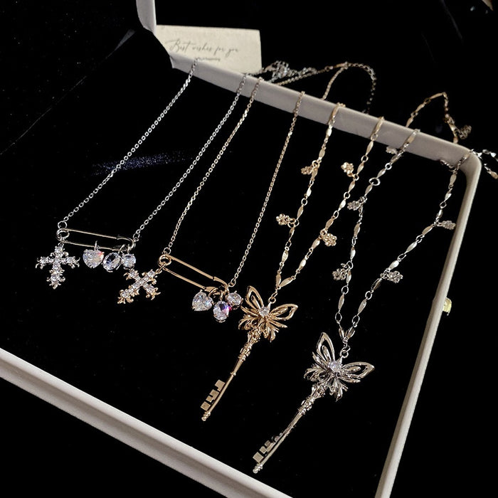 Light Luxury Copper Zircon Butterfly Cross Necklace For Women Minimalist Geometric Collarbone Chain