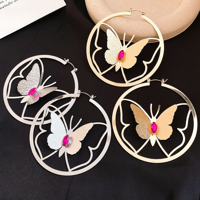New Chinese Style Iron Butterfly Earrings With Rhinestone Round Hollow Design