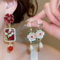 Vintage Alloy Silver Needle Enamel Flower Pearl Stud Earrings For Women Elegant Light Luxury view 2