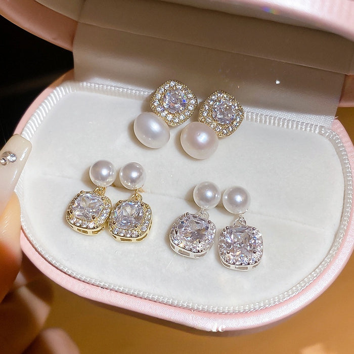 14K Gold Plated Copper Square Zircon Pearl Stud Earrings With Silver Posts French Vintage Jewelry