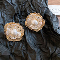 Copper French Vintage Double Layer Openwork Flower Pearl Stud Earrings For Women view 4